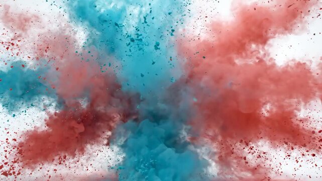 Red and blue pigment expands from a central point in water, forming branching plumes against a white background in a close-up view