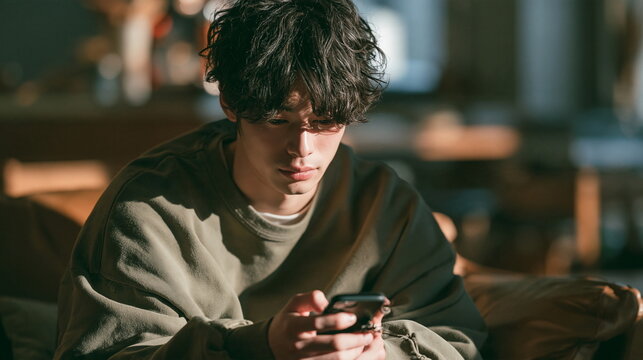 スマートフォンでSNSを見てがっかりした表情を見せる若者のスマホ依存と現代社会イメージ