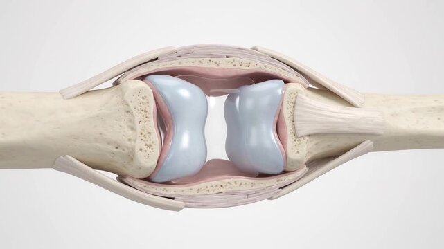 A detailed medical animation showcasing human joint anatomy, highlighting bone structure, cartilage, synovial fluid, and connective ligaments in motion.