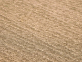 Sand dunes ripple with fine grains under warm sunlight. Surface shows subtle textures and natural patterns. Ideal for backgrounds, travel themes, or desert landscapes. Can evoke calmness, solitude © mark_gusev