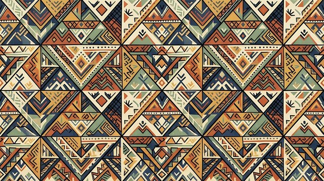 Modern abstract seamless geometric triangles pattern with decorative ethnic mosaic repeating texture and ornamental tribal art style background for creative wallpaper and textile print fabric