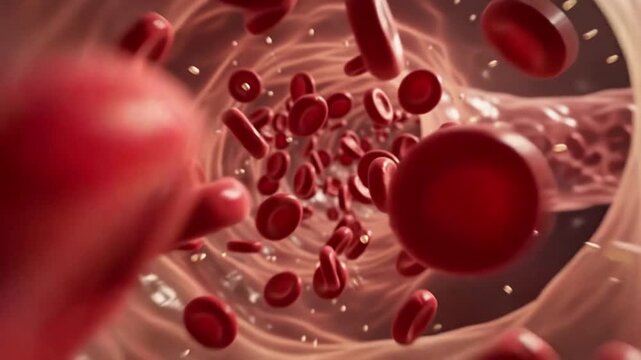 Microscopic view of red blood cells flowing through a human blood vessel or artery with platelets
