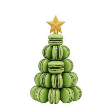 A christmas tree made of green macarons with a golden star on a transparent  background