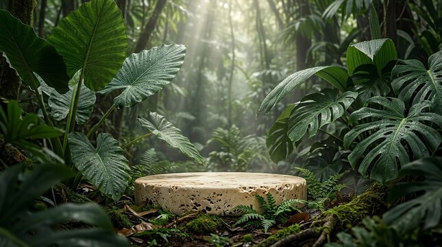 Empty round travertine stone podium for product presentation in a lush tropical jungle with sun rays filtering through green leaves, rainforest background for organic beauty and wellness.