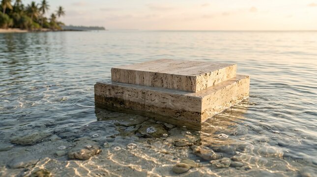 Elegant Two-Tiered Travertine Stone Podium Standing in Clear Coastal Sea Water at Sunset with Tropical Beach Background, Ideal for Premium Organic Product Placement and Cosmetic Display Showcase.