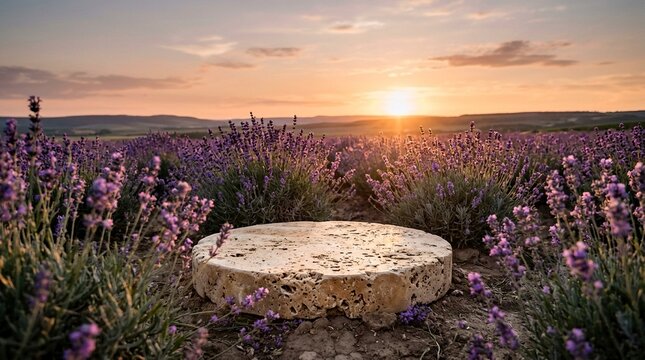 Round Travertine Stone Podium for Product Display Placement Set in a Scenic Lavender Field During a Warm Golden Hour Sunset, Natural Organic Pedestal for Cosmetics Presentation Graphic Backdrop