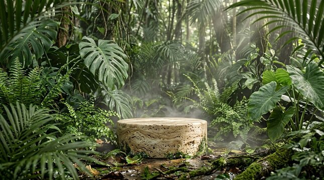 Natural travertine stone podium situated in a lush tropical rainforest environment with atmospheric mist and cinematic sunbeams for organic product presentation and cosmetic mockup.