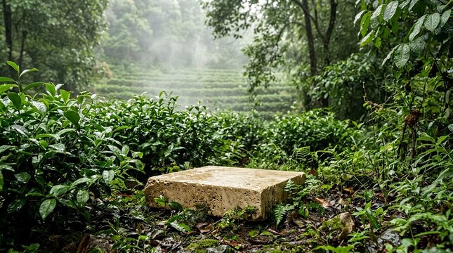 Empty Travertine Stone Podium for Product Display in a Lush Green Tea Garden Plantation with Misty Forest Background and Wet Foliage, Ideal for Natural Skincare and Wellness Mockups