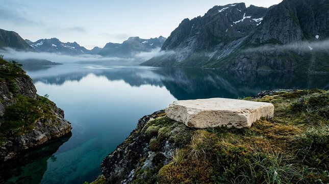 Minimalist Travertine Stone Podium on a Lush Mossy Cliff Overlooking a Serene Fjord and Rugged Mountain Peaks in Misty Daylight, Ideal for Natural Product Presentation and Mockups