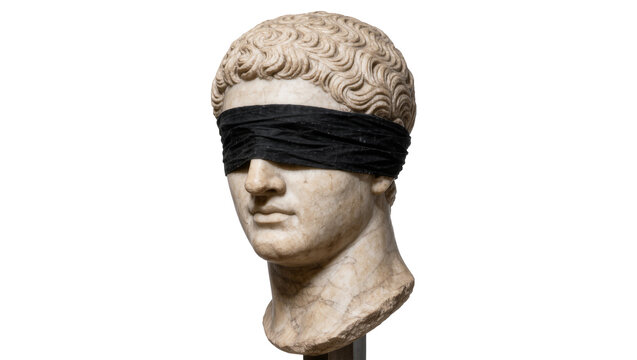 Marble bust of a man with curly hair wearing a black blindfold, isolated on transparent background
