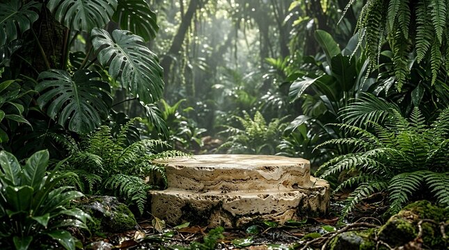 Luxury Two Tier Travertine Stone Podium Stage for Product Presentation Placed in a Lush Tropical Jungle Forest with Monstera Leaves Ferns and Soft Sunlight Beams Through the Canopy