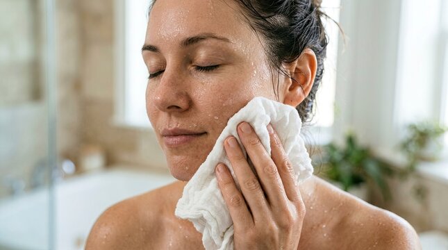 A Beautiful Middle-Aged Woman Gently Cleansing Her Wet Face with a White Cotton Cloth in a Bright Bathroom, Focusing on Daily Skin Care Routine, Wellness, and Morning Hygiene Ritual for Fresh Skin.