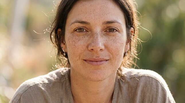 Close up portrait of a middle aged woman with freckles on her face smiling gently at camera in warm natural daylight with soft blurred outdoor background for skincare and wellness concept.