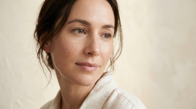 Serene Portrait of an Authentic Mature Woman with Natural Freckles and Glowing Skin Posing Indoors Against a Neutral Texture Background for Skincare and Wellness Concept Photography