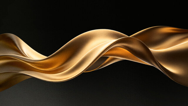 Abstract 3D wavy cloth background with grainy particle texture featuring luxury premium metallic gold wave on dark black backdrop for elegant design.