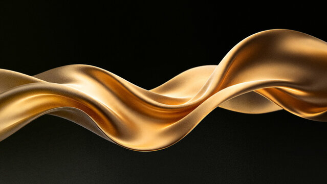 Abstract 3D wavy cloth background with grainy particle texture featuring luxury premium metallic gold wave on dark black backdrop for elegant design.