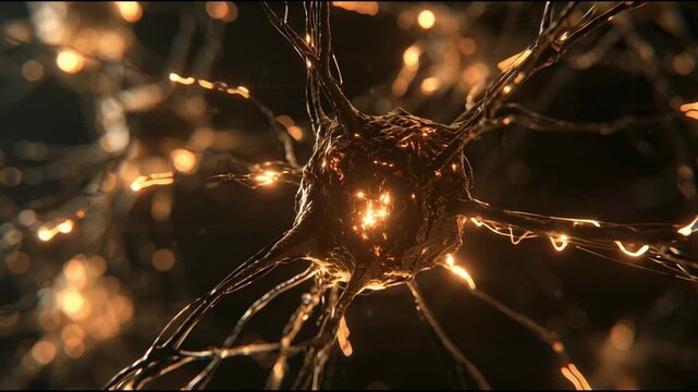 Golden pulses move along branching fibers among glowing points in an abstract view resembling a neural network.