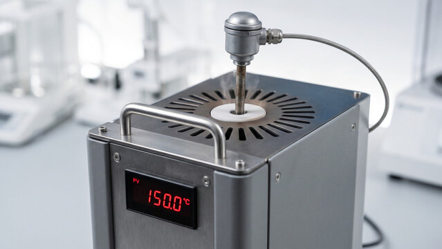 Industrial thermocouple calibration inside dry-block calibrator at 150 degrees Celsius in a bright laboratory