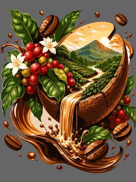 Single roasted coffee bean close up macro vector illustration, dark brown arabica espresso seed isolated on white background, premium cafe caffeine flavor aroma detailed texture backdrop