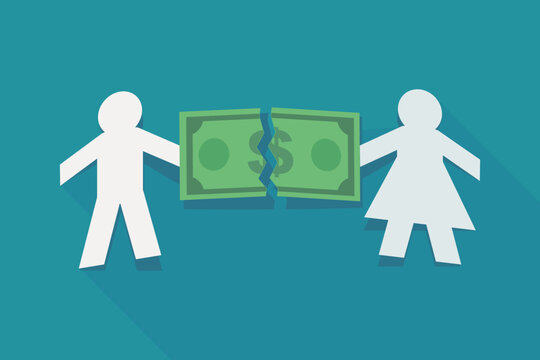 Flat design illustration of paper cut couple pulling apart a torn dollar banknote, symbolizing marital property division, divorce settlement, alimony, and money crisis