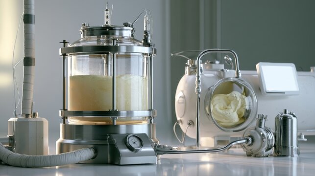 advanced laboratory bioreactor and scientific fermentation equipment with glass vessel digital control panel and stainless steel tubing for biotechnology medical research pharmaceutical production