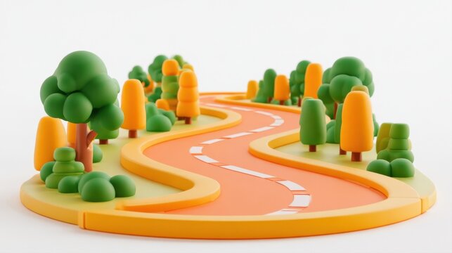 playful 3d rendered miniature landscape featuring a winding orange road surrounded by cute stylized green and yellow trees on white background travel concept cartoon design plastic toy model