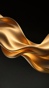 Vertical abstract 3D wavy cloth background with grainy particle texture featuring luxury premium metallic gold wave on dark black backdrop for mobile screen.