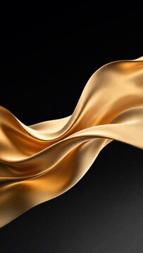 Vertical abstract 3D wavy cloth background with grainy particle texture featuring luxury premium metallic gold wave on dark black backdrop for mobile screen.