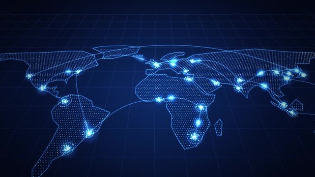 glowing digital world map formed by blue light particles and glowing city lights, showing global connections and technology, cyber network data visualization