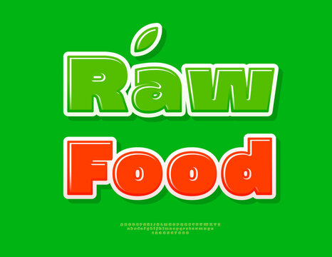 Vector Eco Promotion Raw Food with Decorative Leaf. Bold Green Glossy Font. Creative set of Modern Alphabet Letters and Numbers.