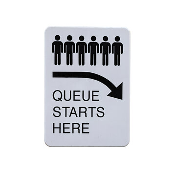 Queue starts here sign with pictogram and arrow