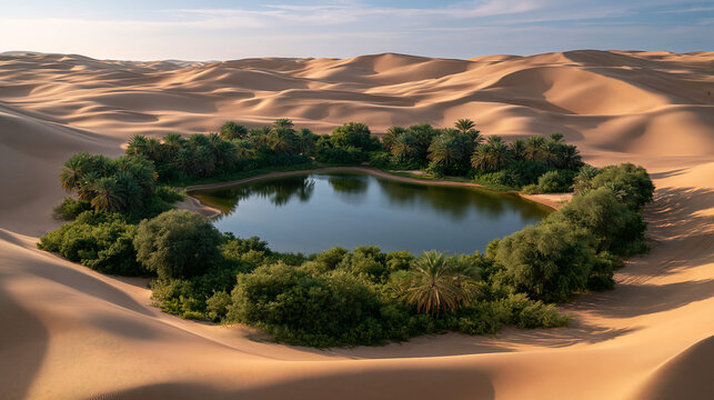 Aerial view of desert oasis with dense green vegetation among vast sand dunes showcasing isolated ecosystem and natural refugium