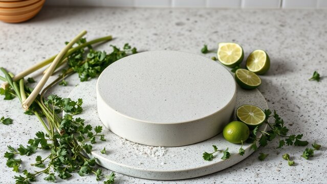 Fresh ingredients surround empty cake form. Cilantro, lemongrass, limes present. Neutral tones dominate composition. Culinary preparation scene.