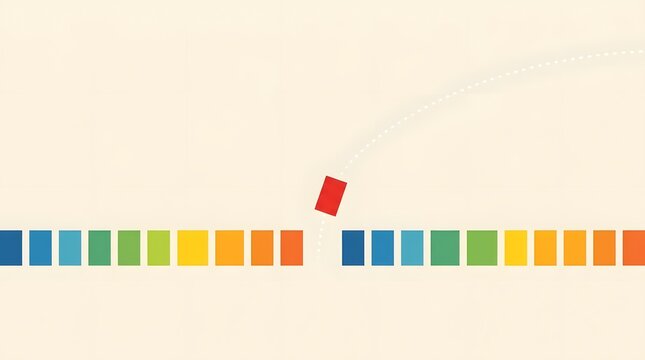 A red rectangle follows a curved dotted line between two parallel rows of colored rectangles  indicating movement or change against a plain background