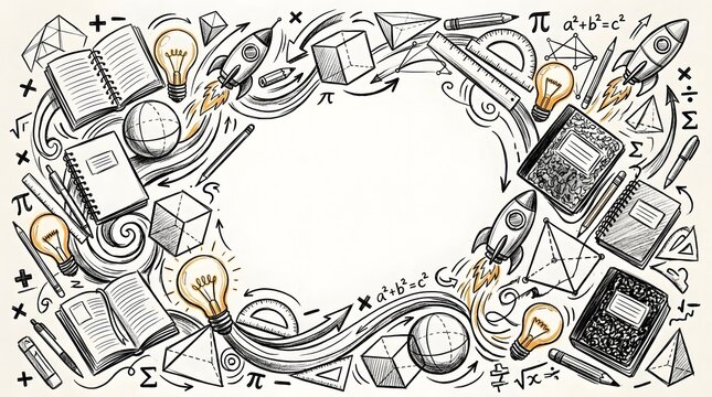 An illustrated circular border featuring notebooks  light bulbs  rockets  geometric solids  rulers  and mathematical equations