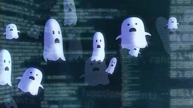 Spooky Cute Ghost Characters Floating Across Digital Code Screen Animation.
