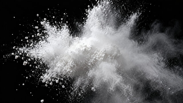Dramatic white powder explosion forming dynamic smoke cloud on isolated black background. Concept of dust explosion. Copy space.