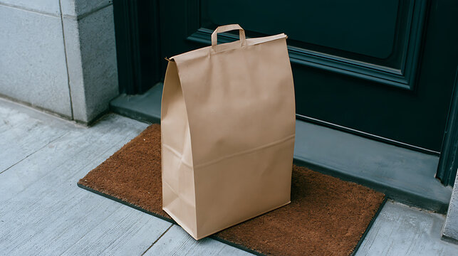 A brown paper grocery bag stands upright on a welcome mat in front of a dark green front door outside a residential house entrance