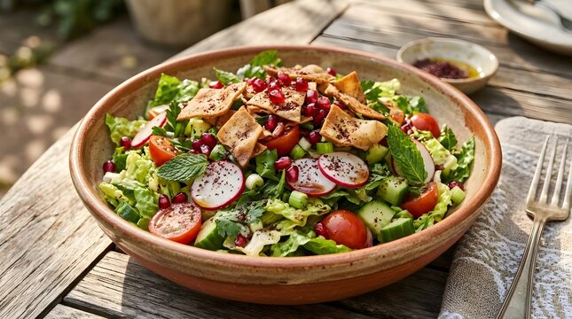 Fresh traditional Arabic fattoush salad with mixed vegetables, herbs, and toasted pita bread in a bowl