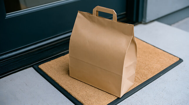 A brown paper takeaway delivery bag left on a door mat outside a front home entrance, representing modern convenience service and food order