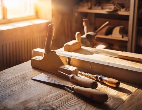 traditional carpentry tools and wood chisels in cozy workshop with warm sunlight