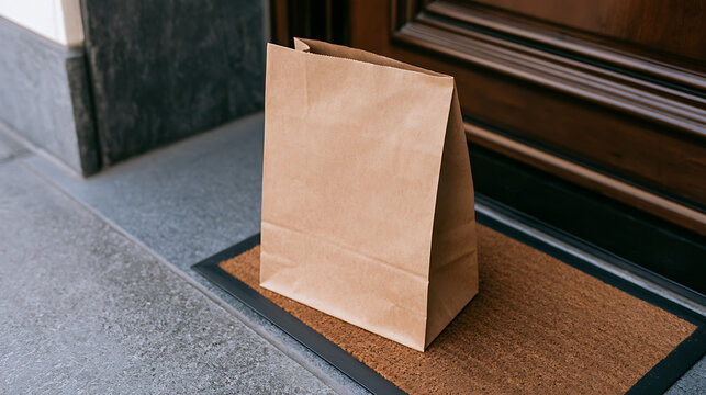 A brown paper takeaway bag left on a doormat outside a wooden residential front door representing contactless food delivery service today