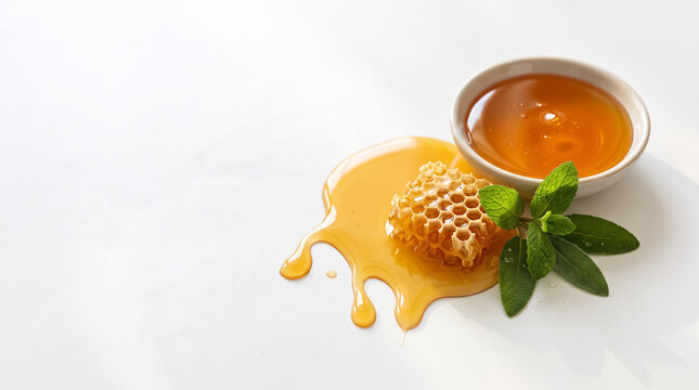 Fresh golden honey with honeycomb and mint leaves on white background. Concept of organic honey, natural sweetener, sweet food, honey dripping, bee honey. Copy space.