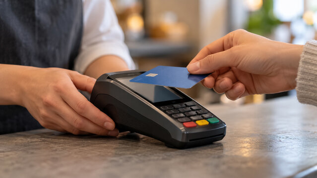 Customer Making Contactless Payment with Credit Card on POS Terminal in Coffee Shop. Concept of card reader, counter, pos machine, pay, transaction.