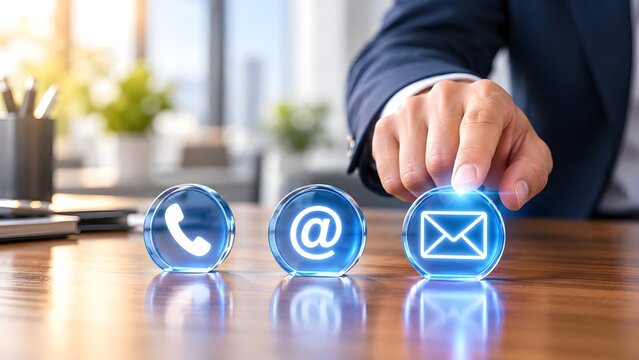 Businessman touching a glowing blue email icon among other contact symbols on a wooden desk representing digital communication, customer relations, and business networking.
