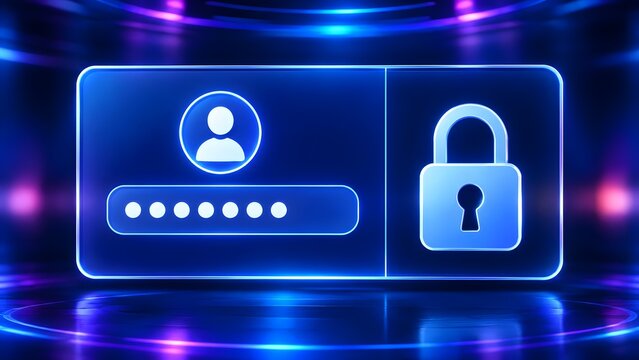 Digital login interface panel with user avatar masked password dots and glowing security padlock symbol