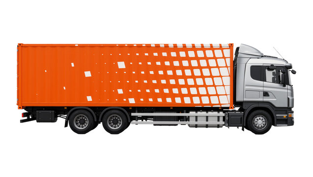 Silver semi truck with orange cargo container featuring white square pattern