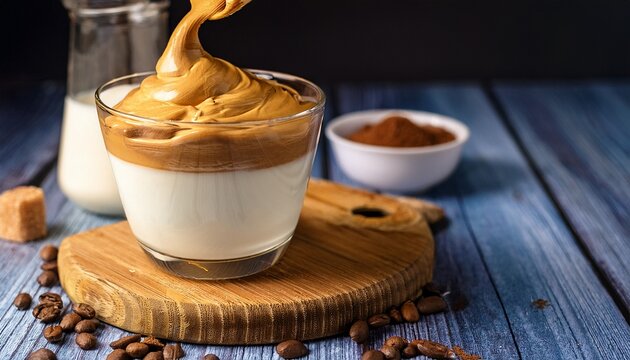 close up scene showing the process of making dalgona coffee a trendy whipped coffee drink made from instant coffee sugar and milk