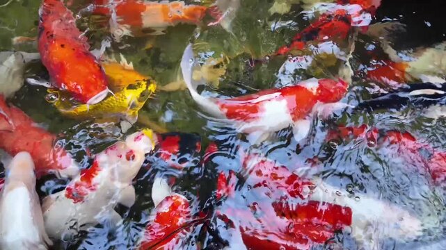 Koi fish swimming in clear pond water with colorful patterned scales gathering for food near surface