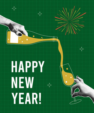Happy New Year collage design with halftone hand hold bottle of champagne and pours it into glass held by other hand. Halftone collage hands with glass and champagne bottle. Vector.